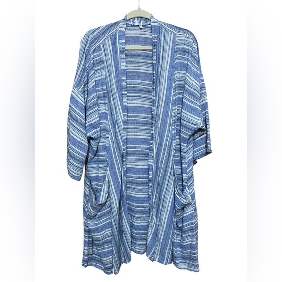 Blue & White Stripe Linen Blend Open Front Duster Kimono Cardigan Size XL. - Picture 1 of 8